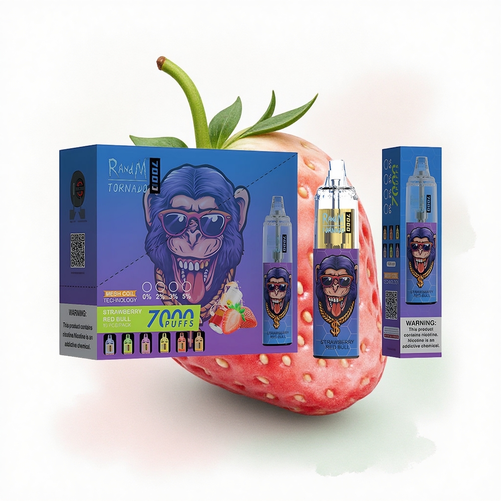 RandM Fumot Tornado 7000 Puffs Çilek Kırmızı Boğa 850 mAh Tip-C Port