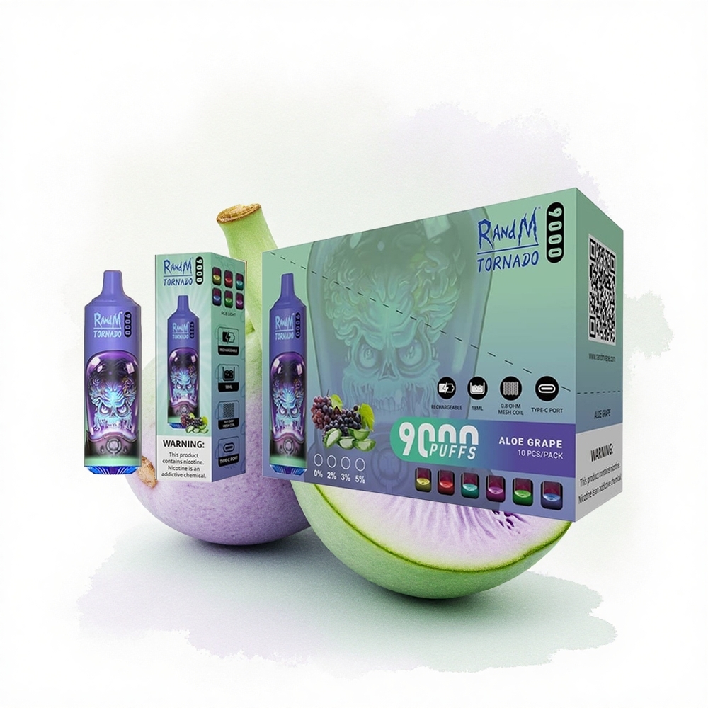 RandM Fumot Tornado 9000 Puffs Aloe Üzüm 850 mAh Şarj Edilebilir 18 mL Mesh Coil