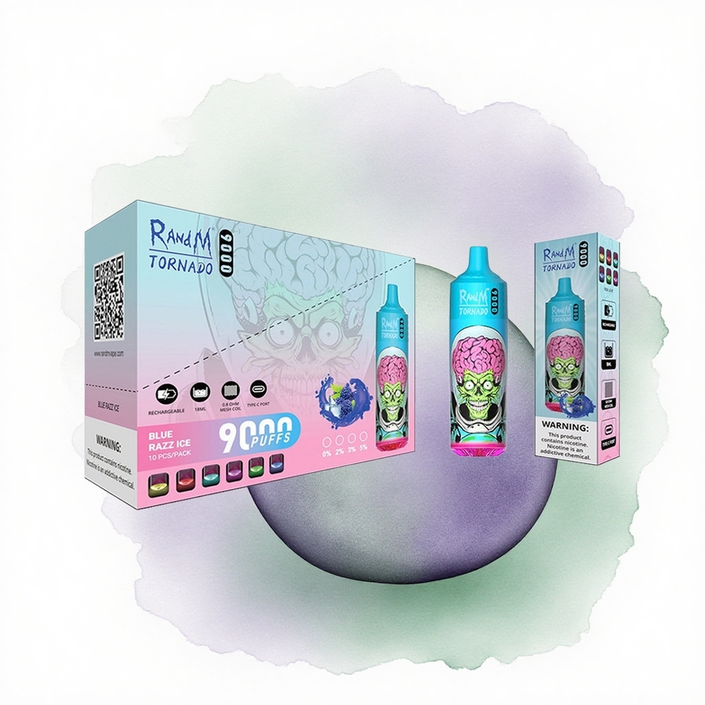 RandM Fumot Tornado 9000 Puffs Siyah Ejderha Buz 850 mAh Şarj Edilebilir 18 mL Ağ Örgülü Bobin