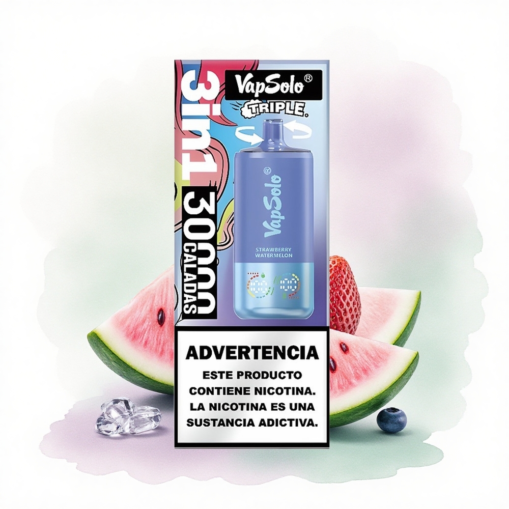 Vapsolo Triple 30000 Puffs Çilek Karpuz & Yaban Mersini Buz 40ml Likit 20mg Nikotin