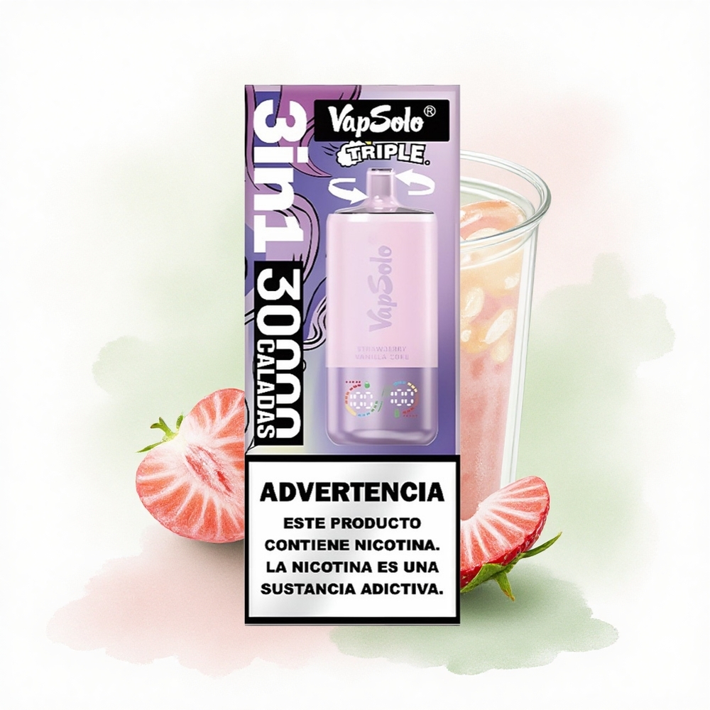 Vapsolo Triple 30000 Puffs Çilek Vanilya Kola - 40ml E-Sıvı - Tip-C Şarj - 20 mg/ml Nikotin